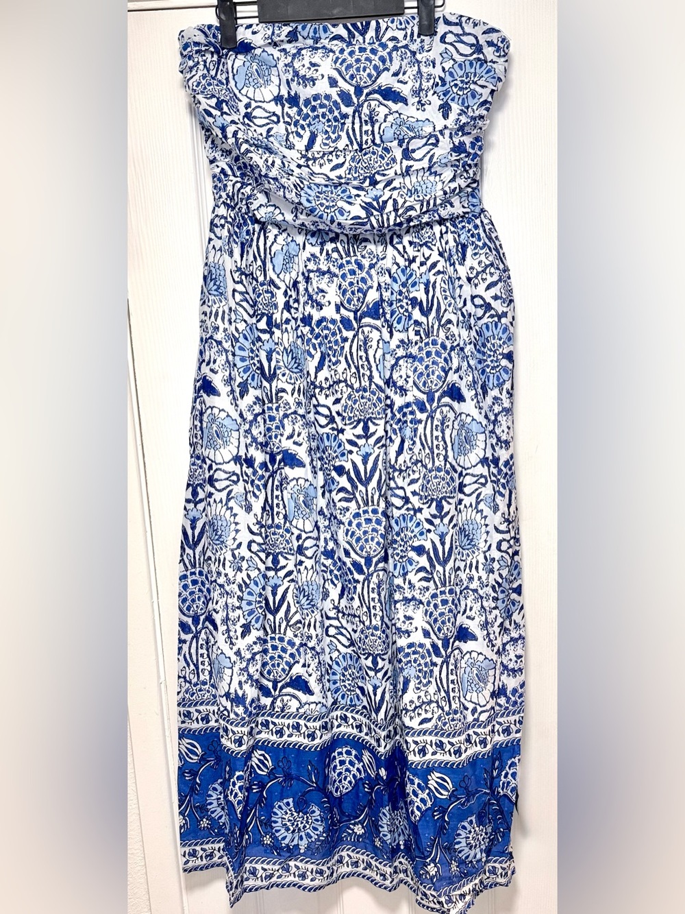 Blue & White Strapless Floral Midi Dress